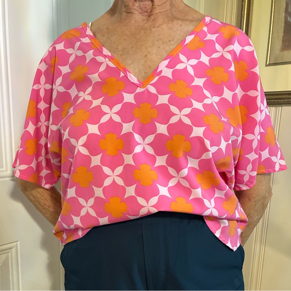 Floral V-Neck Blouse in Pink and Orange